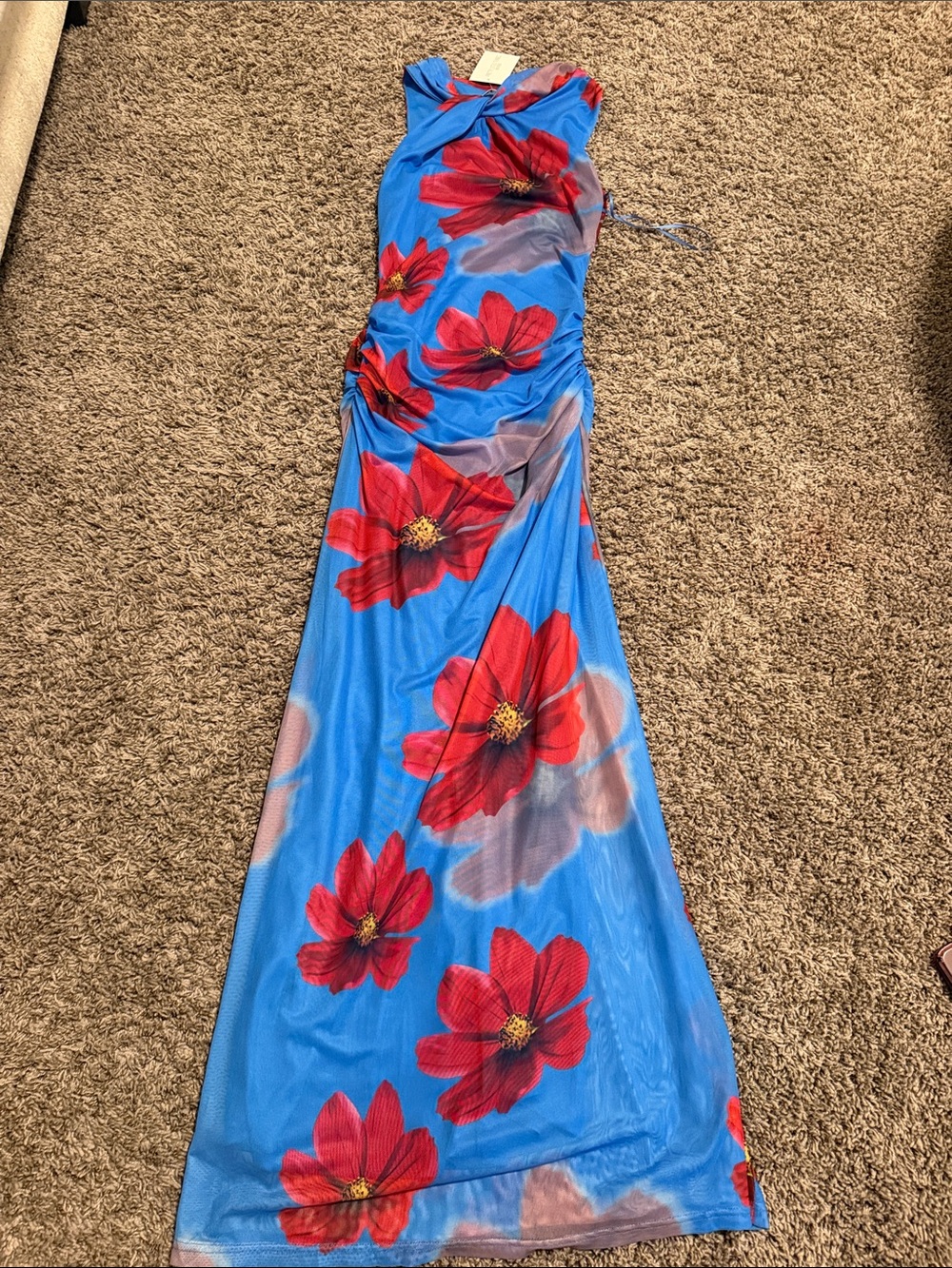 PrettyLittleThing Blue Maxi Dress with Red Floral Print